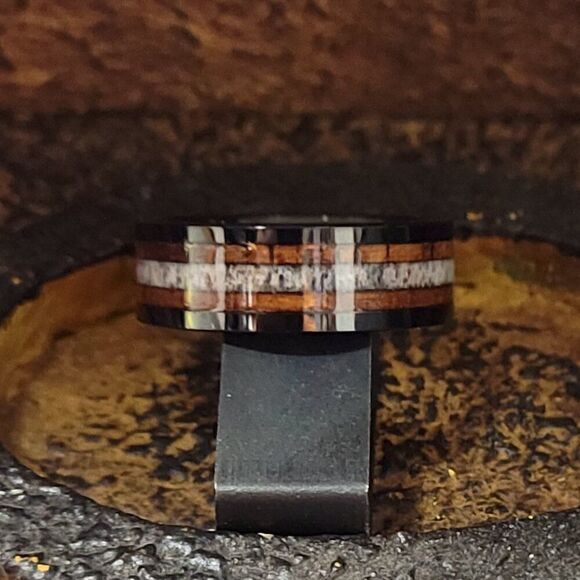 Men's Real Black Tungsten Promise Ring Deer Bone and Whiskey Barrel Wood Inlays - Picture 5 of 9